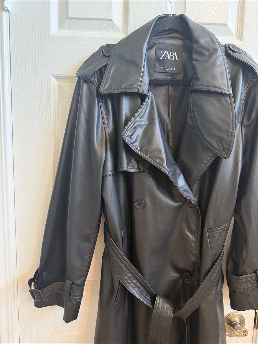 Zara Black Faux Leather Double-Breasted Trench Coat - Picture 2 of 10